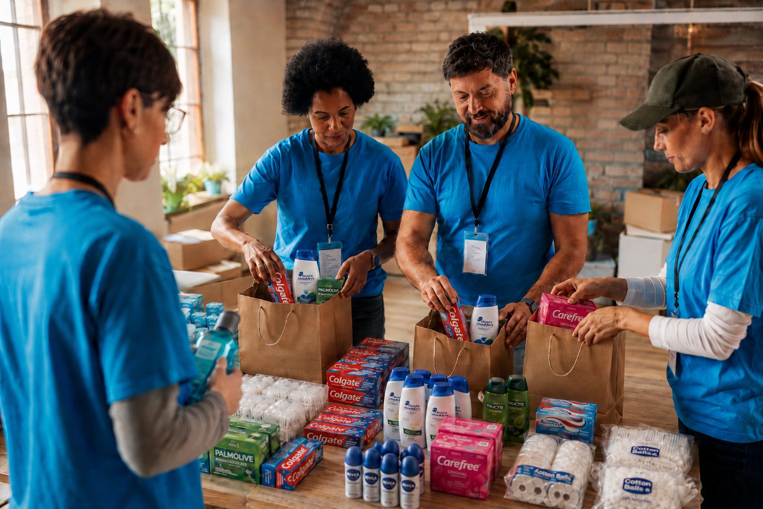 Volunteers in blue t-shirts packing personal care and toiletry items into care-pack bags at a community drive