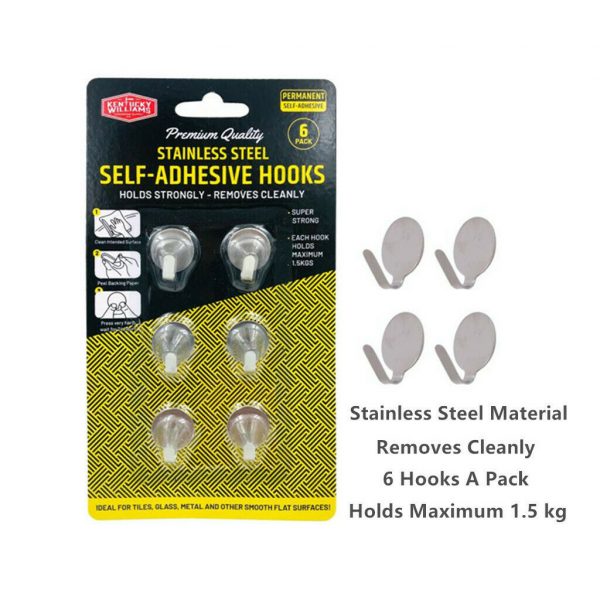 Kentucky Williams Stainless Steel Self-Adhesive Hooks - 6 Pack