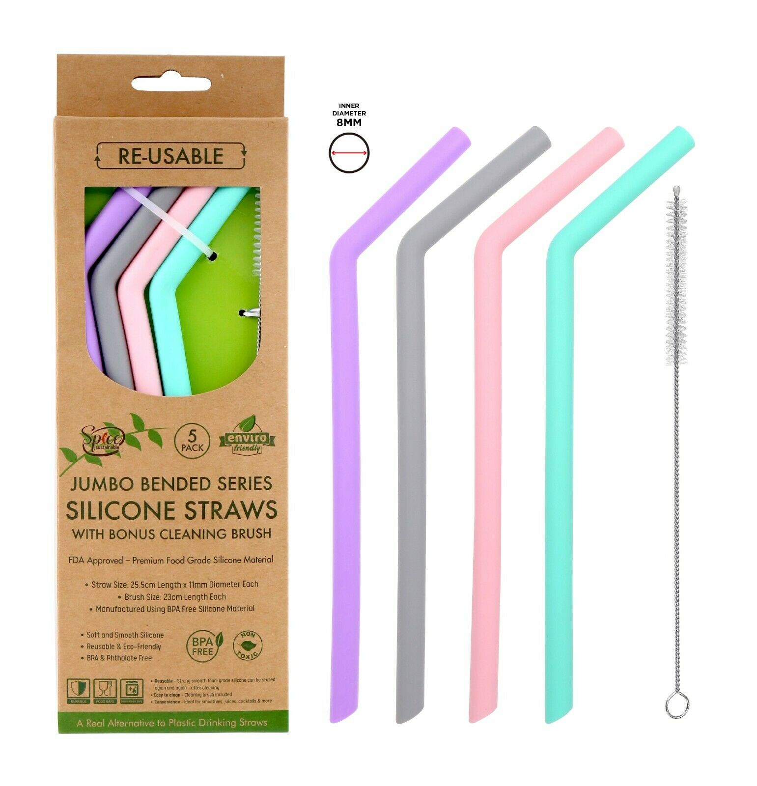 Reusable Jumbo Silicone Straws - Bended Series - 4 Pack