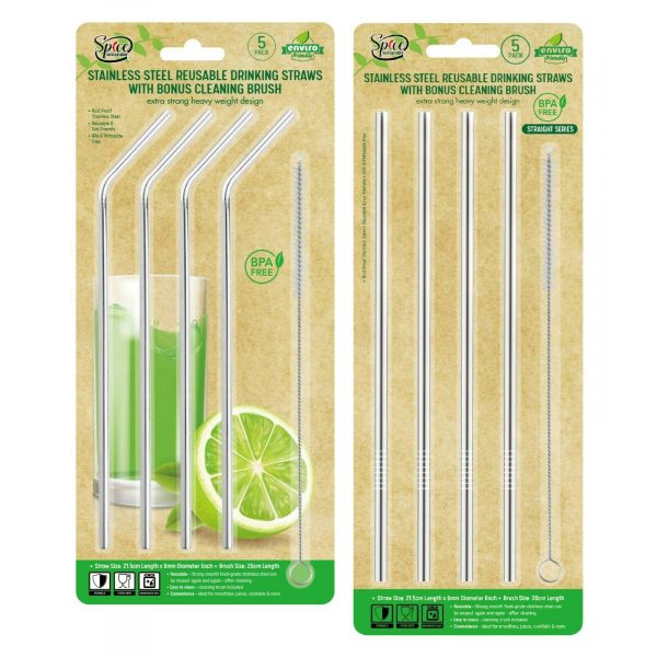 Spice Kitchen Stainless Steel Reusabe Drinking Straws With Cleaning Brush