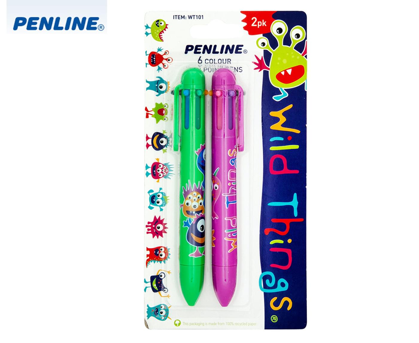Penline Wild Things 6 Colour Ballpoint Pens 2-Pack - Assorted