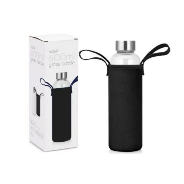 Glass Drink Bottle With Neoprene Sleeve - Black - 600ml