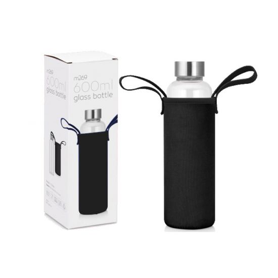 Glass Drink Bottle With Neoprene Sleeve - Black - 600ml