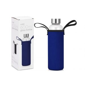 Glass Drink Bottle With Neoprene Sleeve - Navy Blue - 600ml