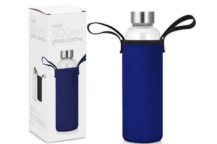 Glass Drink Bottle With Neoprene Sleeve - Navy Blue - 600ml