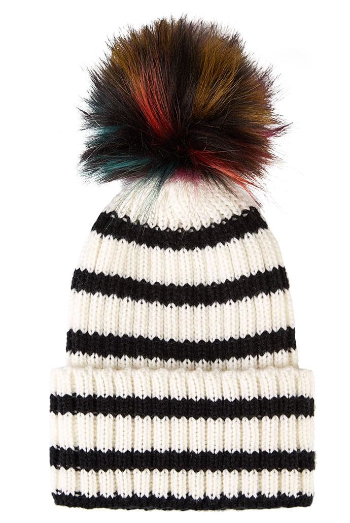 Knitted Stripped Beanie With Pompom – Assorted Colours