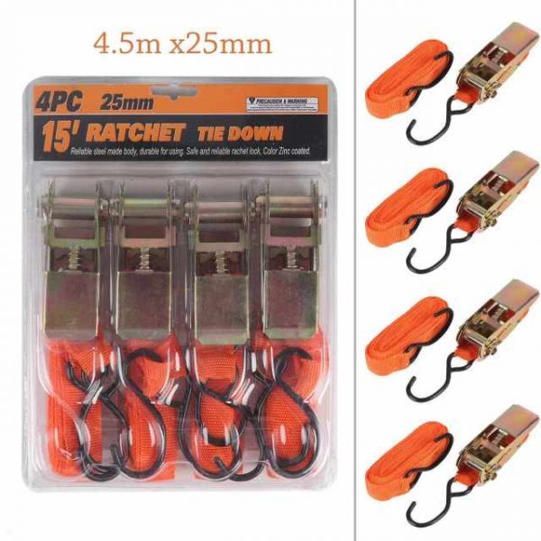 4 Piece 15' Ratchet Tie Down Set - 25mm