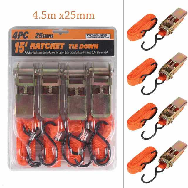 4 Piece 15' Ratchet Tie Down Set - 25mm