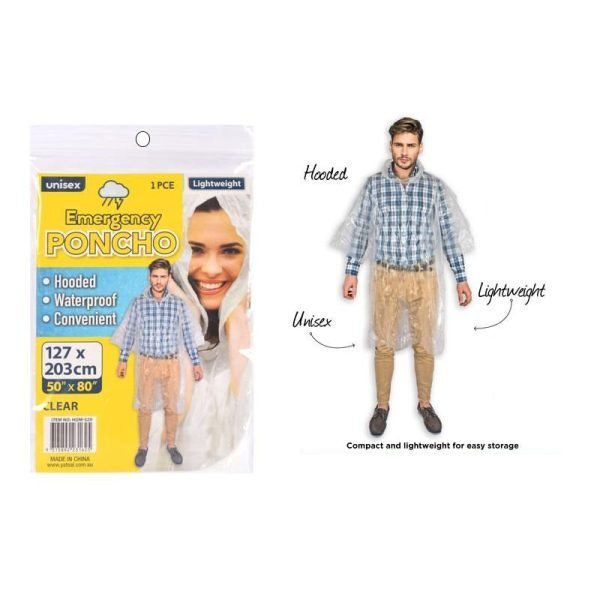 Disposable Emergency Hooded Poncho Transparent/Clear