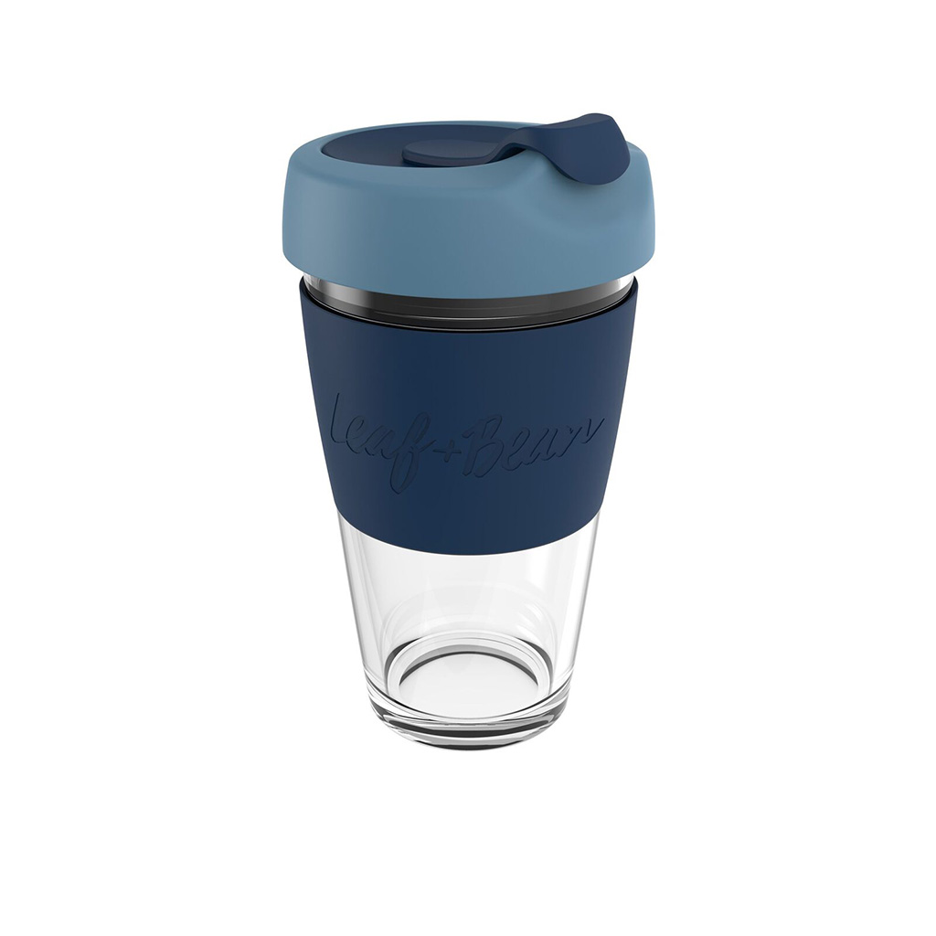 Sorrento Leaf & Bean Reusable Glass Cup - 454ml(16oz) - Blue