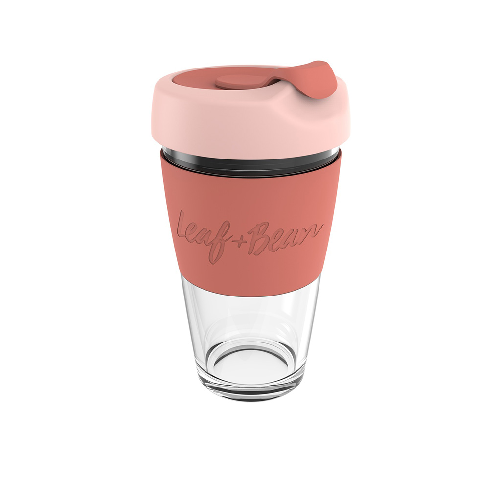 Sorrento Leaf & Bean Reusable Glass Cup - 454ml(16oz) - Pink