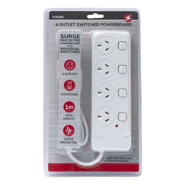 4 Outlet Powerboard With Surge Protection and Switches