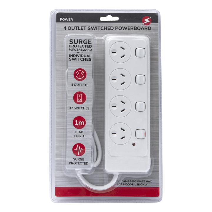 4 Outlet Powerboard With Surge Protection and Switches