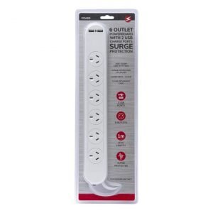 6 Outlet Powerboard With Surge Protection and Dual USB Charger