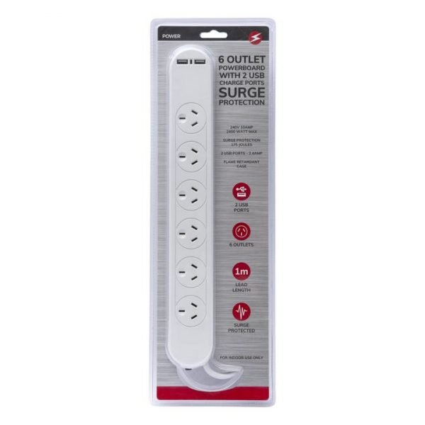 6 Outlet Powerboard With Surge Protection and Dual USB Charger