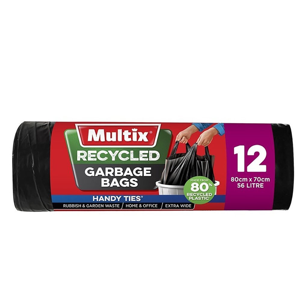 Multix Recycled Garbage Bags With Handy Ties - 56L - 80x70cm - 12 Pack