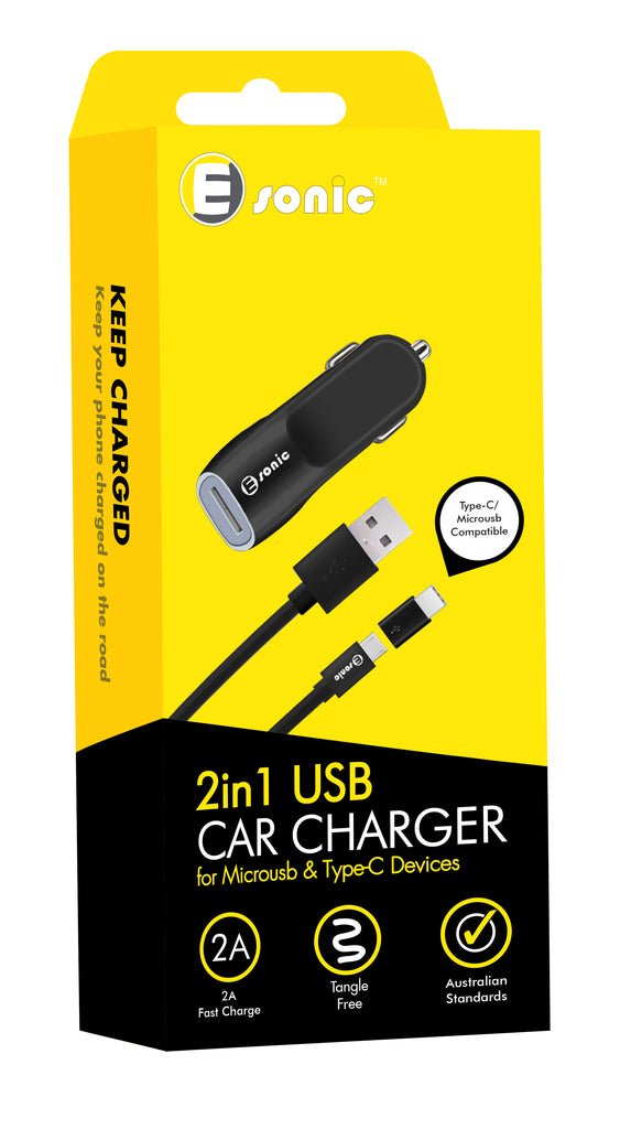 2in1 USB Car Charger for MicroUsb & Type-C