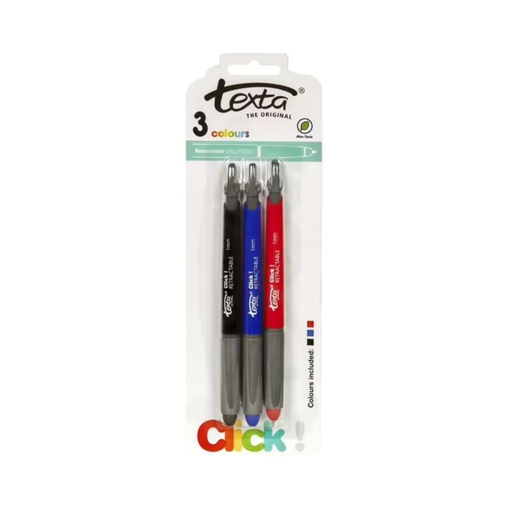 Texta Retractable Ballpoint Pens - Assorted Colours - 3 Pack