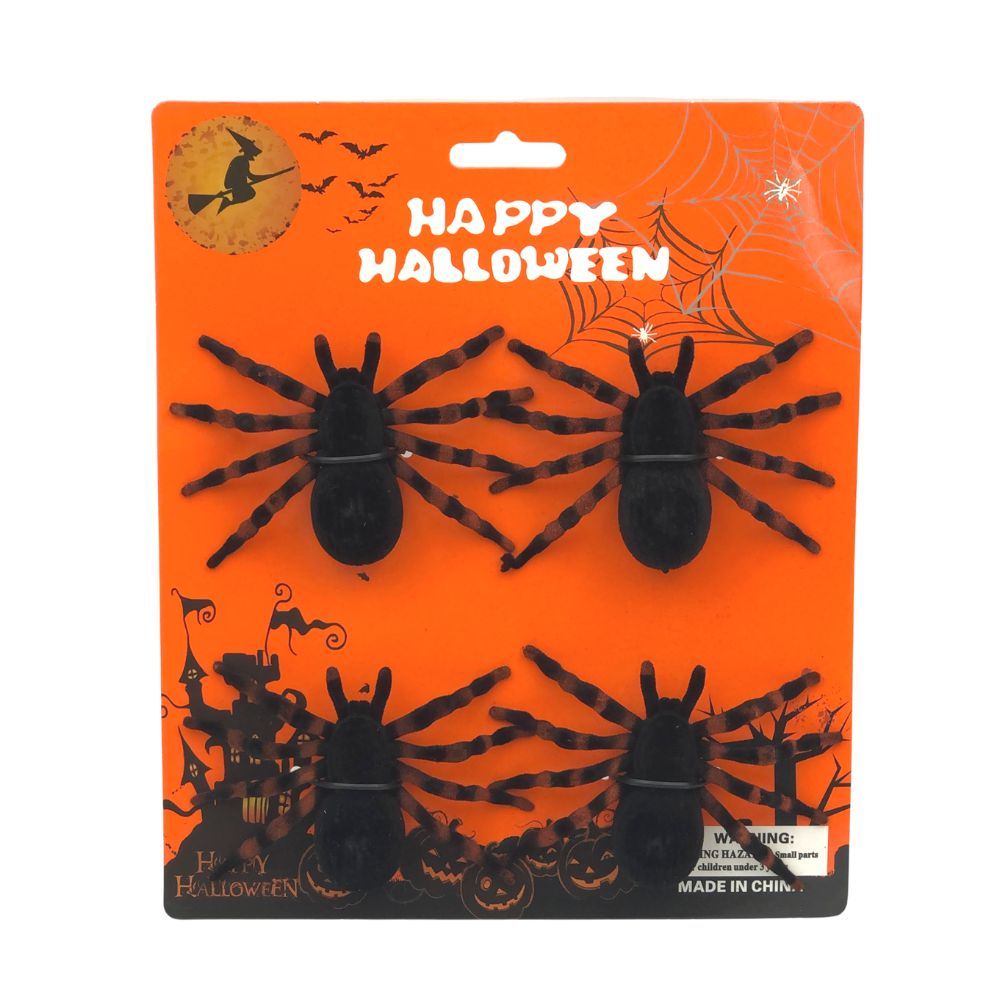 Velvet Decorative Spiders - 4 Pack - Assorted Colours