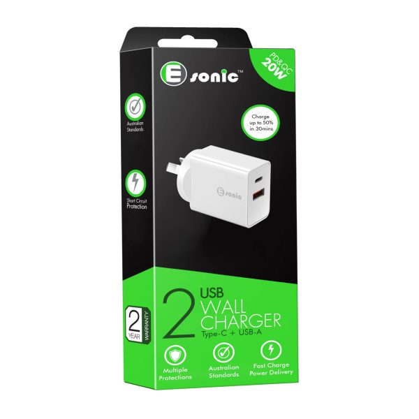 2 USB Charger with Type-C + USB-A 20W