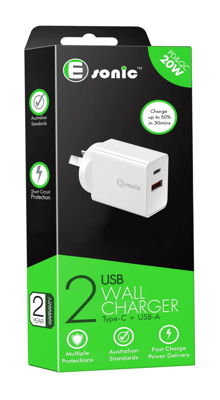 2 USB Charger with Type-C + USB-A 20W
