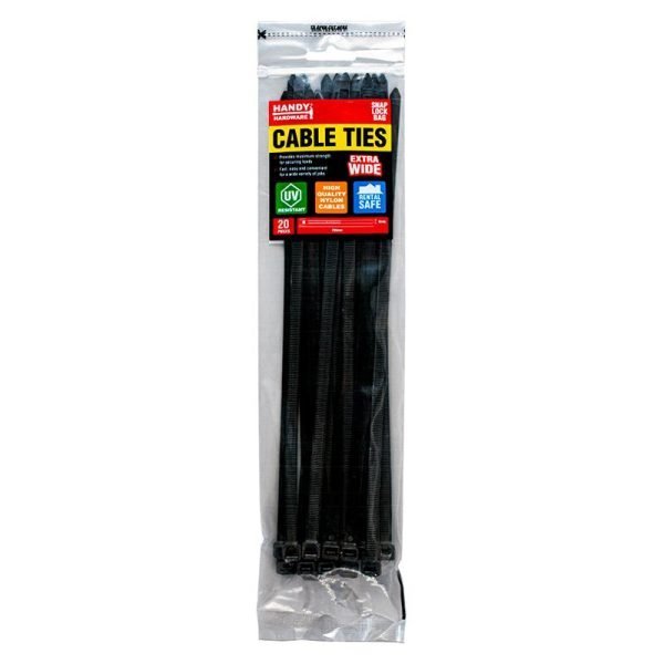 Handy Hardware Cable Ties Black & Clear Assorted In Carton Heavy Duty Wide 295mm x 8mm 20pc