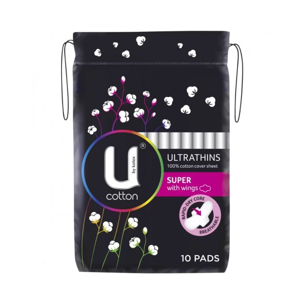 U By Kotex Cotton Ultrathin Pads Super with Wings - 10 Pack