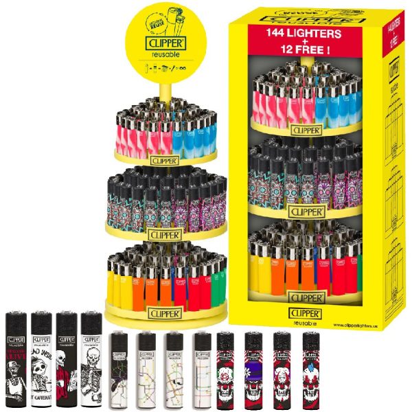 Clipper Lighter 144 Reusable Lighters + 12 Free Lights + Free 3 Tier Carousel Stand
