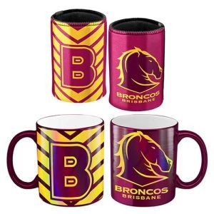 NRL Brisbane Broncos Metallic Coffee Cup And Can Cooler Set