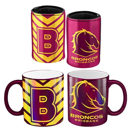 NRL Brisbane Broncos Metallic Coffee Cup And Can Cooler Set