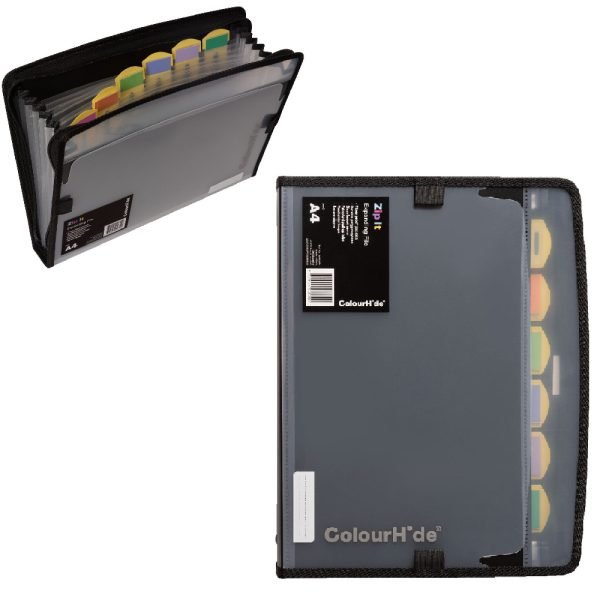 Colourhide Zip It Expanding File Black - 7 Pockets
