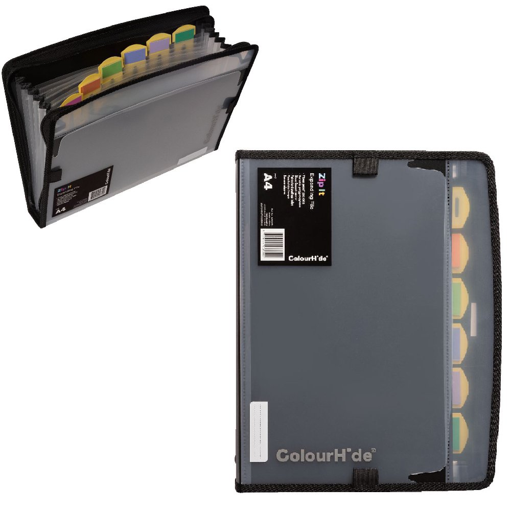 Colourhide Zip It Expanding File Black - 7 Pockets