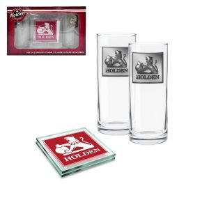Holden Badged Highball Glasses & Glass Coasters Set