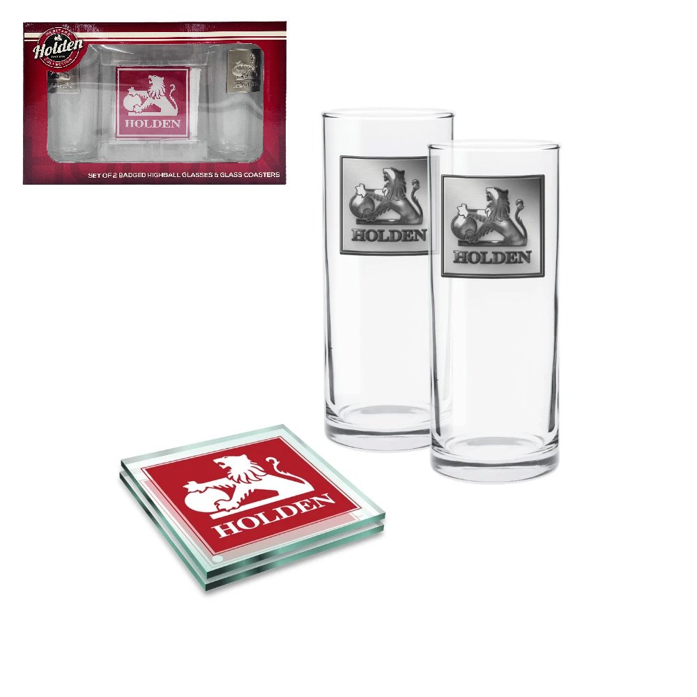 Holden Badged Highball Glasses & Glass Coasters Set