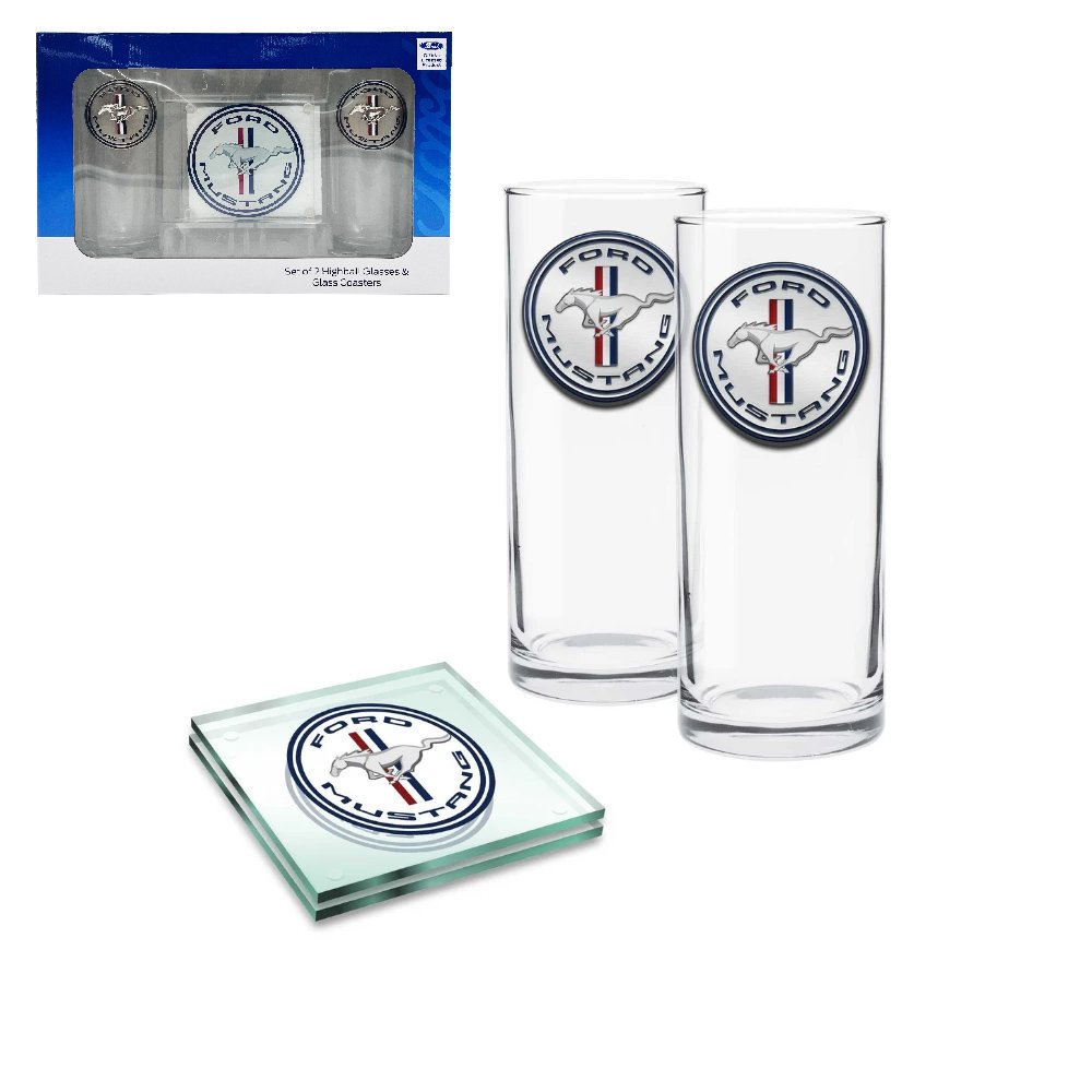 Ford Mustang Badged Highball Glasses & Glass Coasters Set