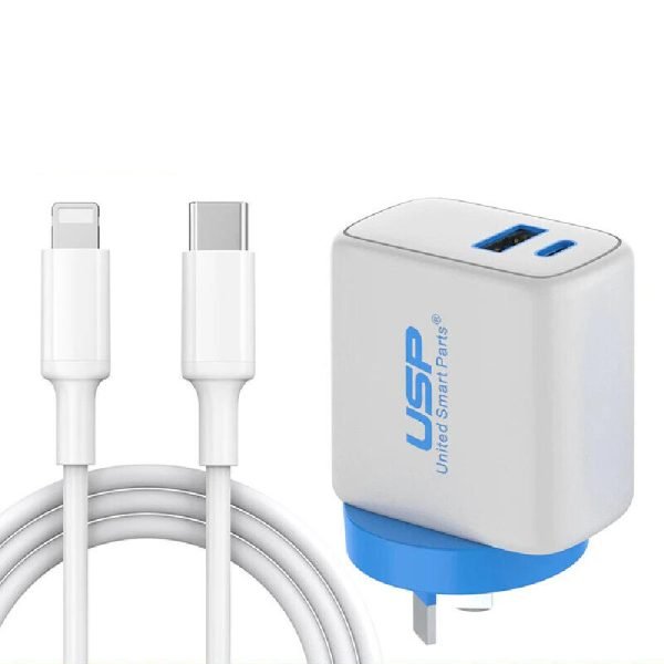 USP 30W Type-C + USB-A Wall Charger with 1m USB-C to Lightning Cable