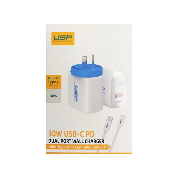 USP 30W Type-C + USB-A Wall Charger with 1m USB-C to Lightning Cable