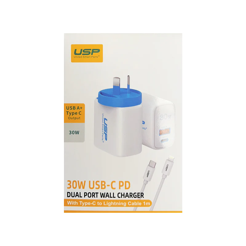 USP 30W Type-C + USB-A Wall Charger with 1m USB-C to Lightning Cable - Image 2