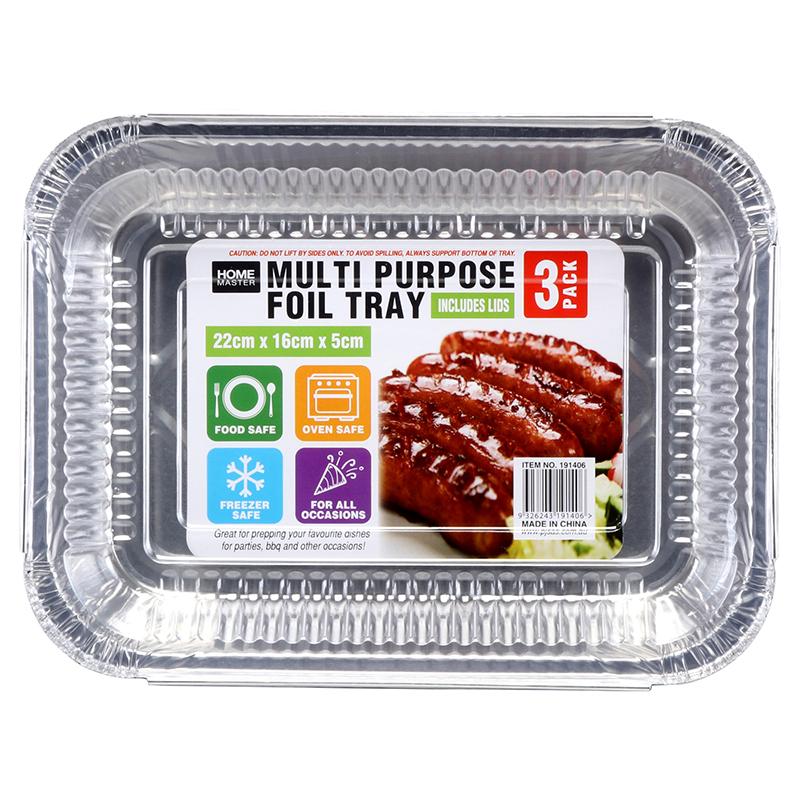 Home Master Foil Tray With Lids 22.5cm x 16.8cm x 5cm 3pk