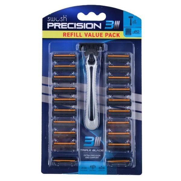 Swosh Razor Mens Shaving Kit 3 Blade with Lubricating Strip - Pack Includes 1 Razor & 21 Cartridges