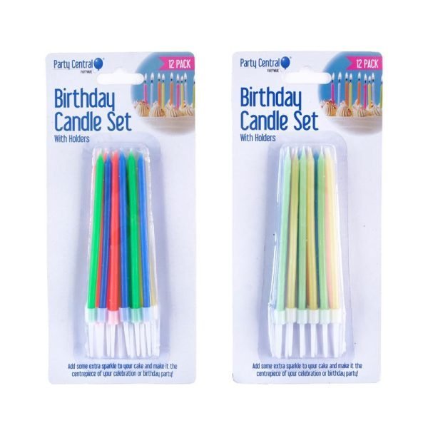 Candles in Holders Birthday Set - Tall 11cm - 12pk - Assorted Colour Packs