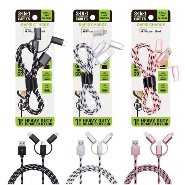 Premium Quick Charge Cable Nylon Braided Cable-3 IN 1 Cable