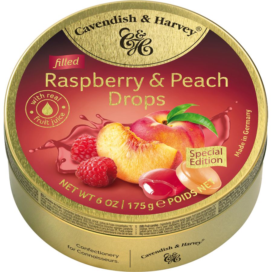 Cavendish & Harvey Tins Raspberry & Peach Filled Drops 175g