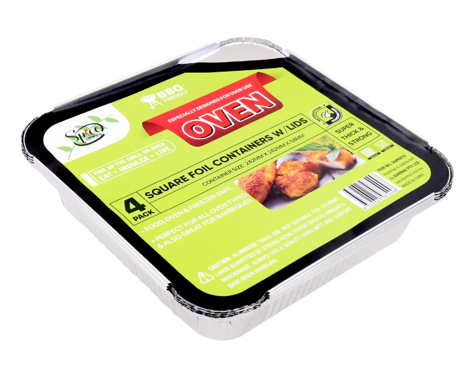 Spice Kitchen 4PK Foil Containers W/Lids - 250MM x 250MM x 58MM
