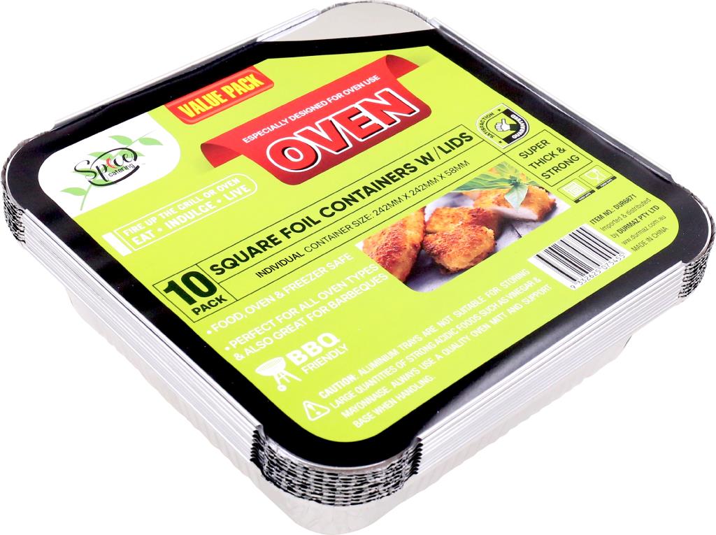 Spice Kitchen 10PK Foil Containers W/Lids - 250MM x 250MM x 58MM