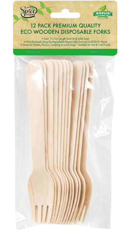 Spice Kitchen ECO Wooden Cutlery - Forks-12PK