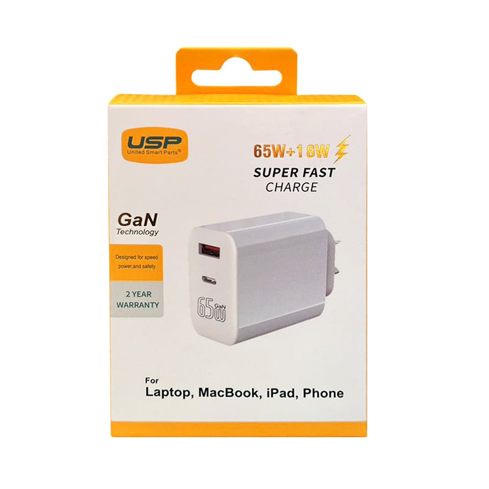 USP 65W GaN 2 Ports USB-C PD Super Fast Laptop Wall Charger