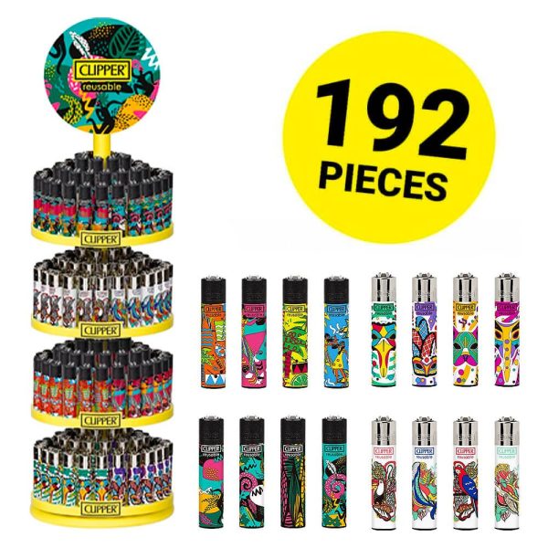 Clipper Lighter Tropical Party - 192 Reusable Lighters + Free 4 Tier Carousel Stand