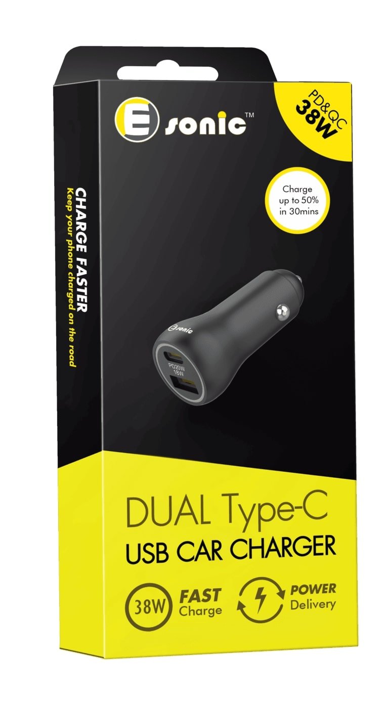 Dual USB 38W Car Charger - USB A + Type C
