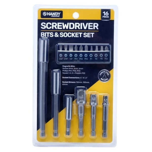 Handy Hardware Driver Bit and Socket Adaptors 16pc Set (Includes 10 bits, 6 connectors)